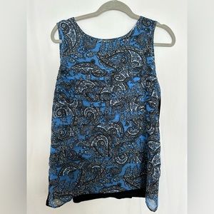 Blue and black paisley sleeveless blouse